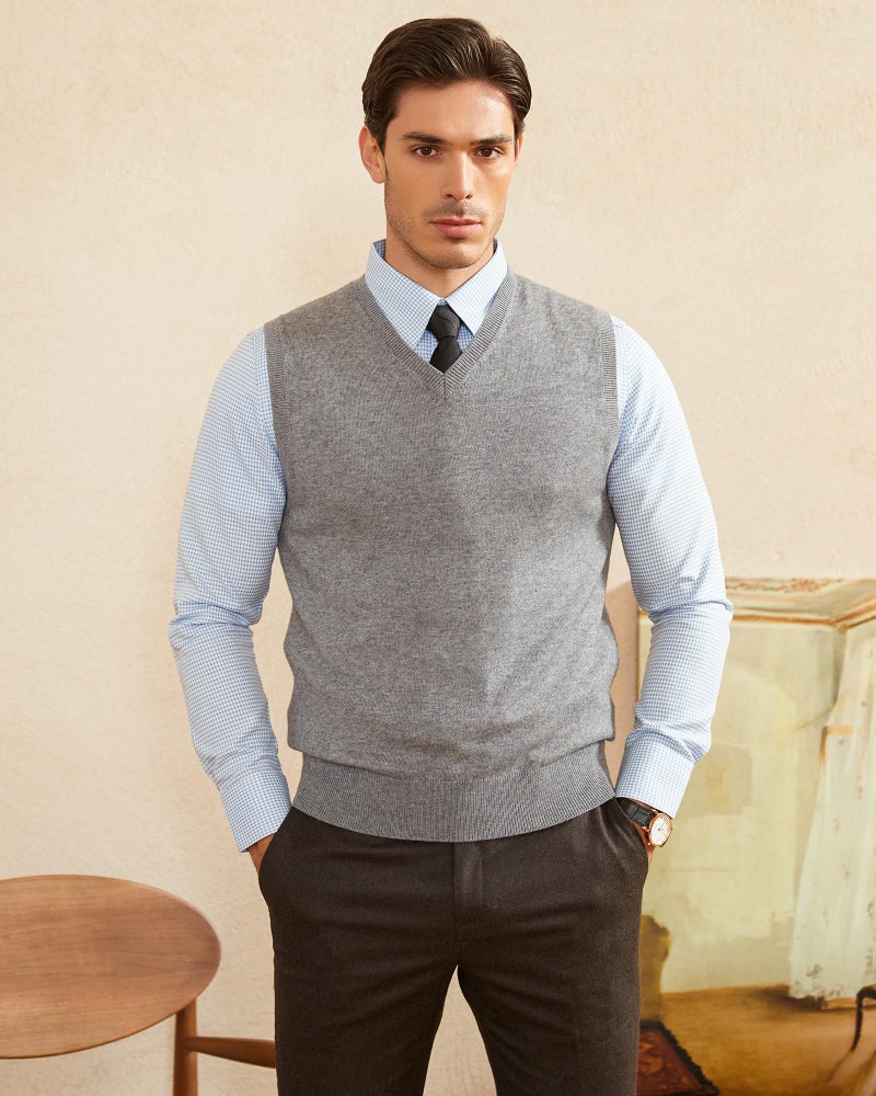 Kallspin Men's Wool Blended Vest Sweater Relaxed Fit V Neck Sleeveless Knitted Pullover (Light Grey, X-Large) - Image 2